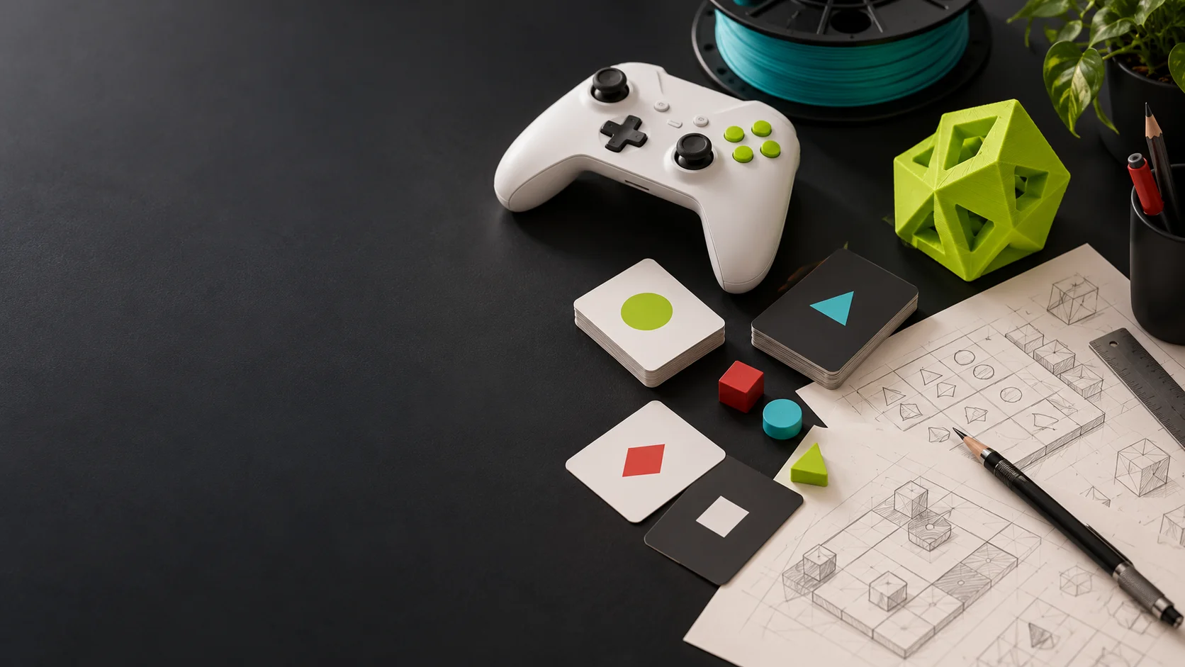 Composição ilustrativa com controle, cartas e protótipo impresso em 3D